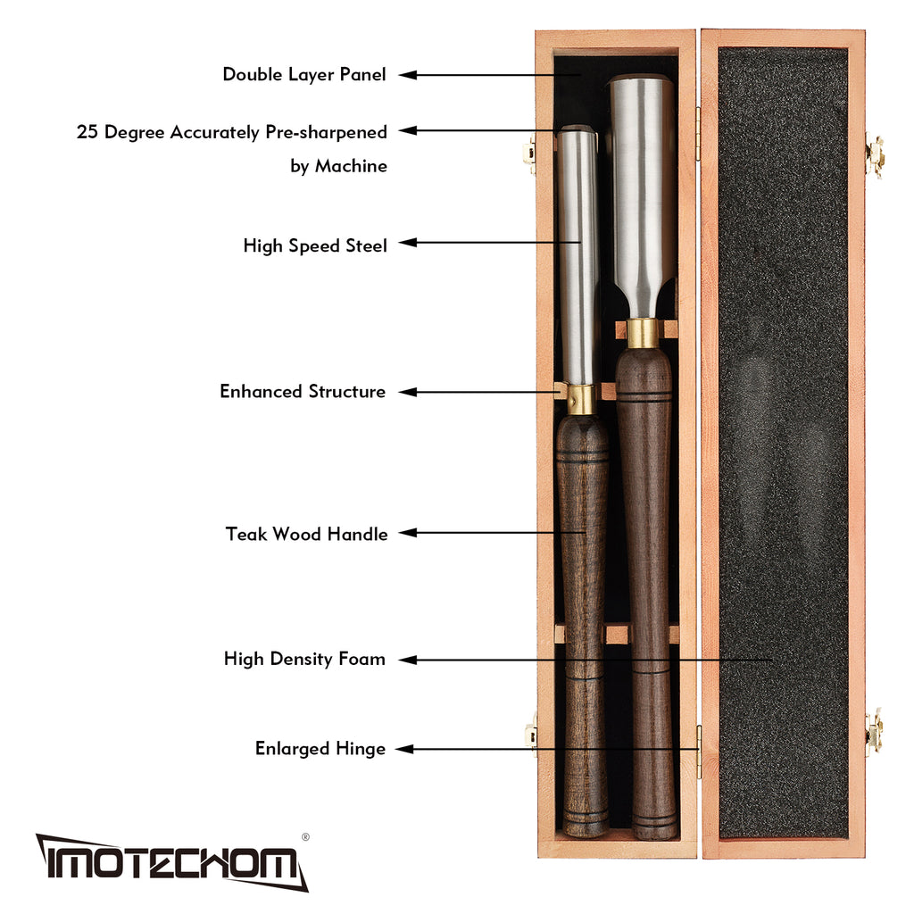 IMOTECHOM 2-Pieces HSS Roughing Gouge Lathe Chisel Set Wood Turning Tools with Wooden Box, 1-Inches and 2-Inches