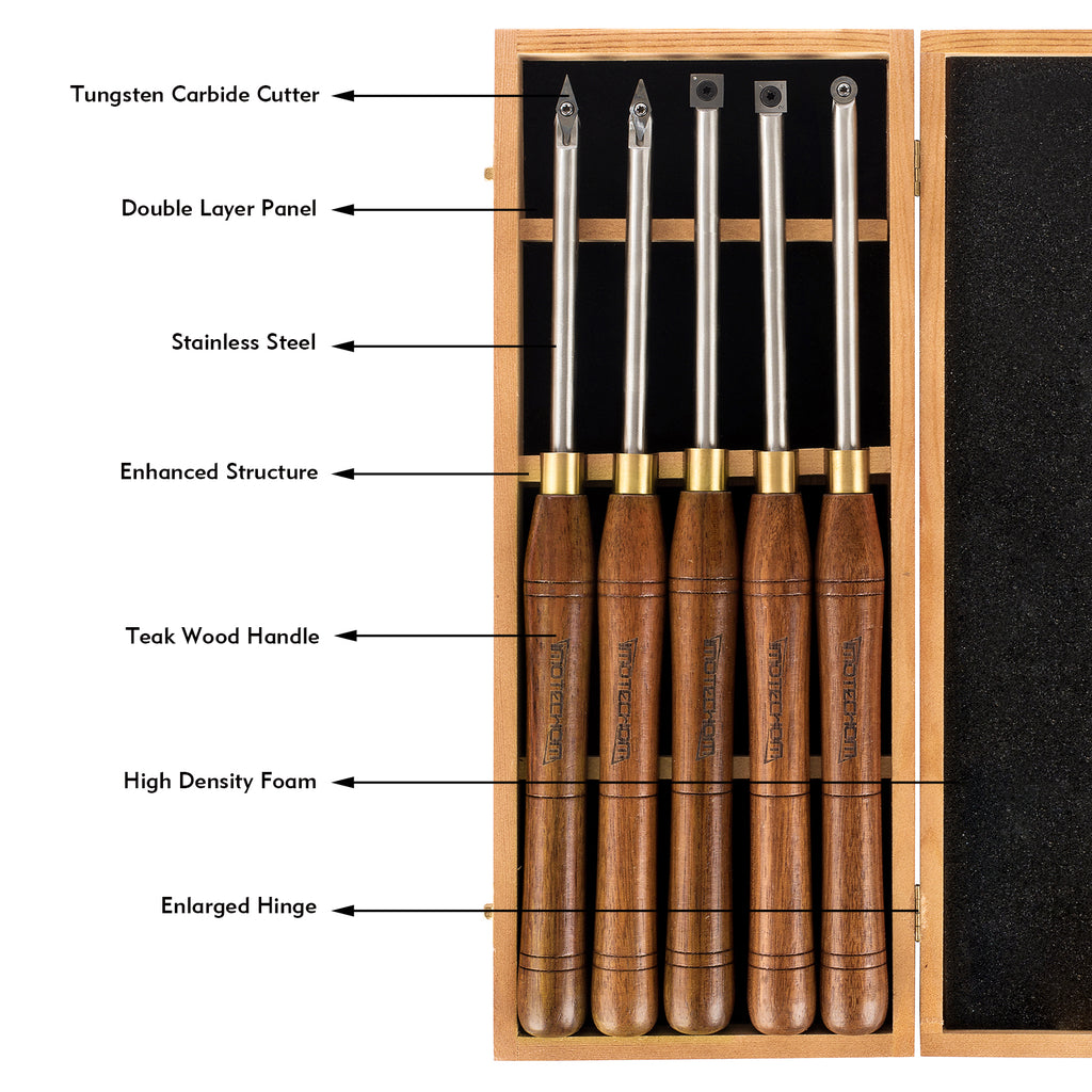 IMOTECHOM 5-Pieces Carbide Tipped Woodturning Tools Lathe Chisel Set with Stainless Steel Blade, Wooden Box