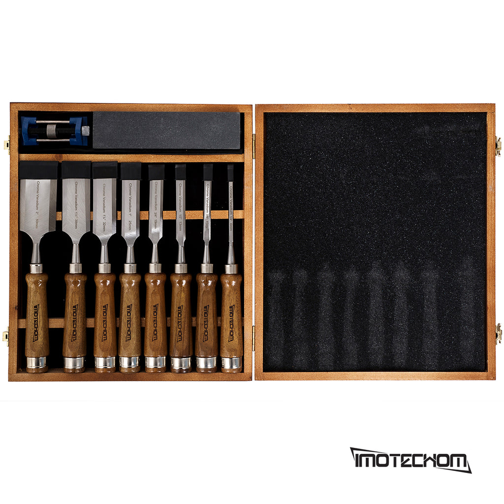 IMOTECHOM 10-Pieces Woodworking Wood Chisel Set with Wooden Box, Honing Guide, Sharpening Stone, Razor Sharp CR-V 60 Steel Blades