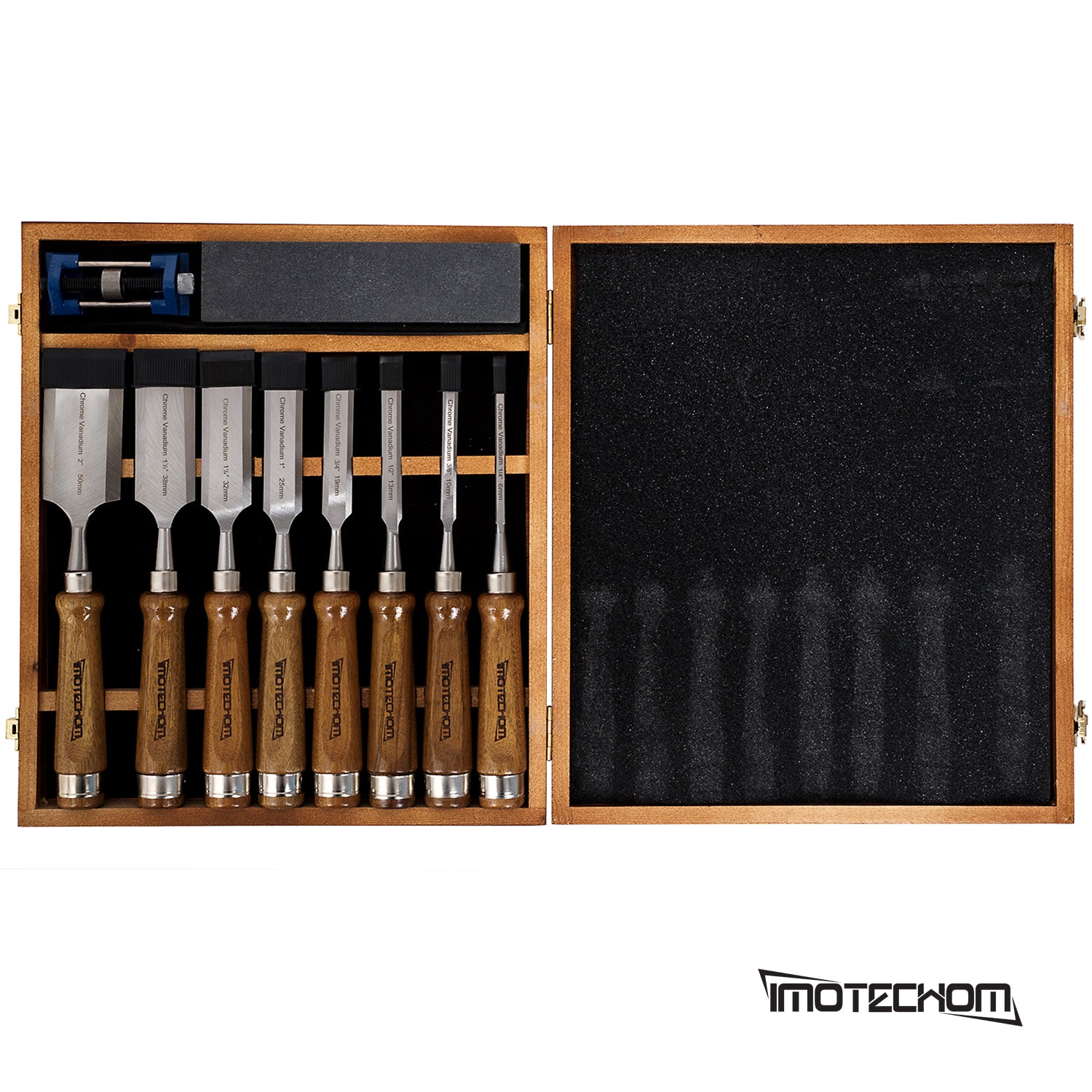 IMOTECHOM 10-Pieces Woodworking Wood Chisel Set with Wooden Box, Honing Guide, Sharpening Stone, Razor Sharp CR-V 60 Steel Blades
