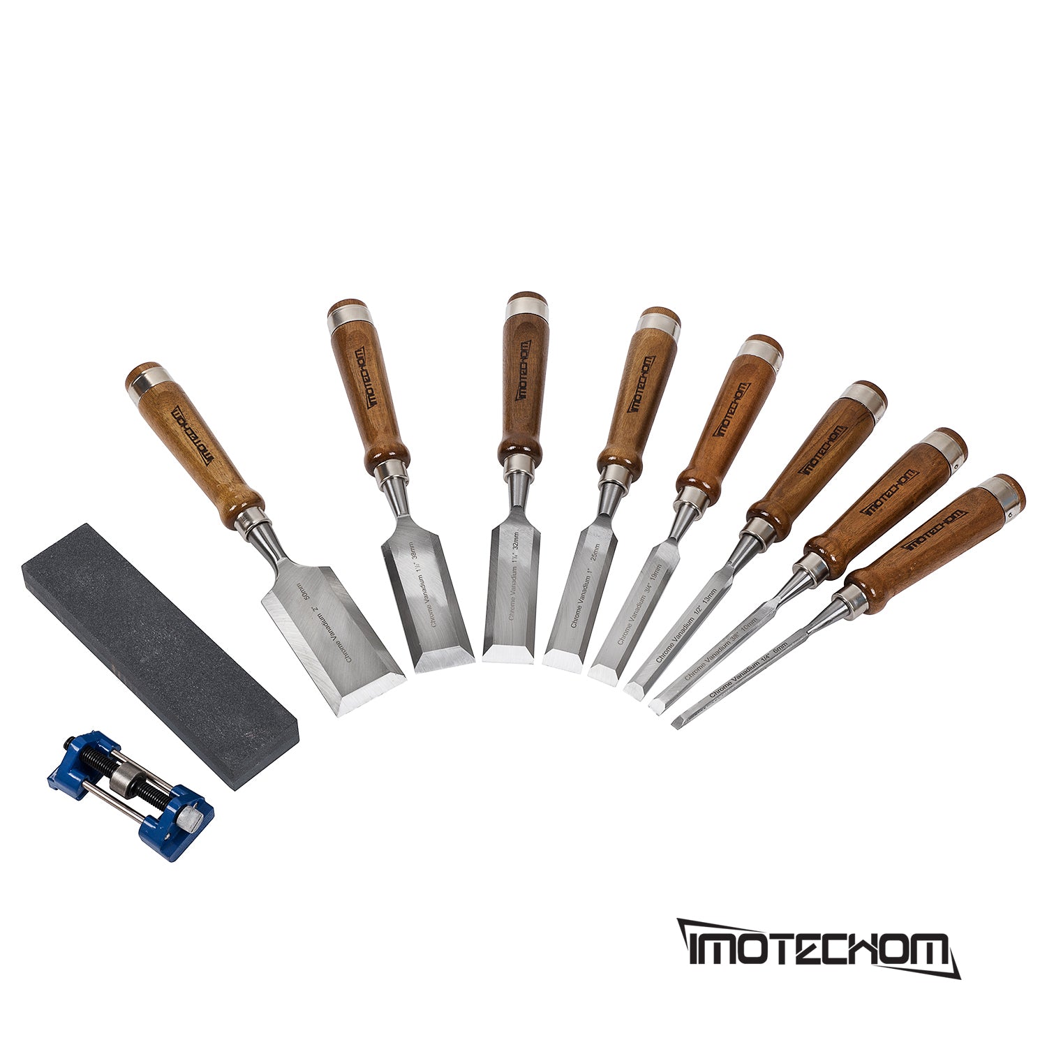 IMOTECHOM 10-Pieces Woodworking Wood Chisel Set with Wooden Box, Honing Guide, Sharpening Stone, Razor Sharp CR-V 60 Steel Blades