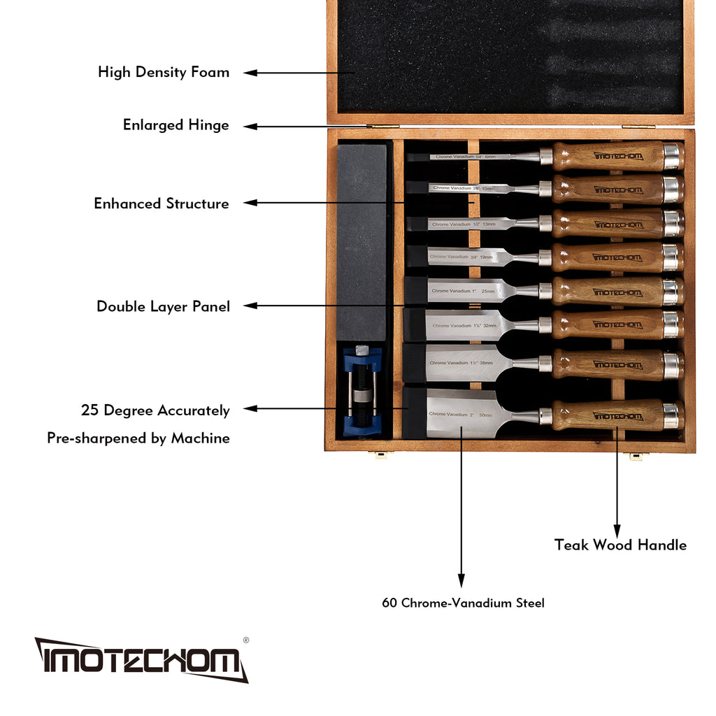 IMOTECHOM 10-Pieces Woodworking Wood Chisel Set with Wooden Box, Honing Guide, Sharpening Stone, Razor Sharp CR-V 60 Steel Blades