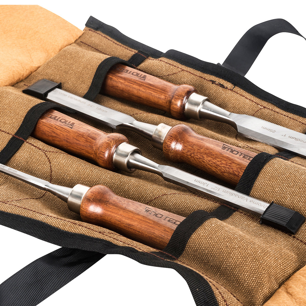 IMOTECHOM 4-Pieces Woodworking Wood Chisel Set with Canvas Bag, Razor Sharp CR-V 60 Steel Blades
