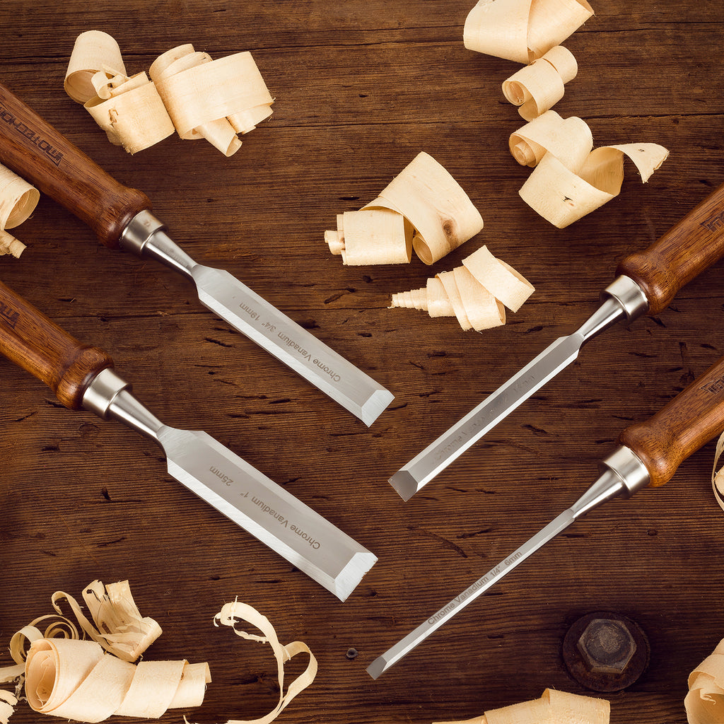 IMOTECHOM 4-Pieces Woodworking Wood Chisel Set with Canvas Bag, Razor Sharp CR-V 60 Steel Blades